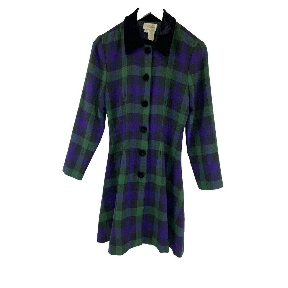 BOGO Ambria Vintage Dress Blue Green Plaid Button Velvet Collared Flare Pleat 8